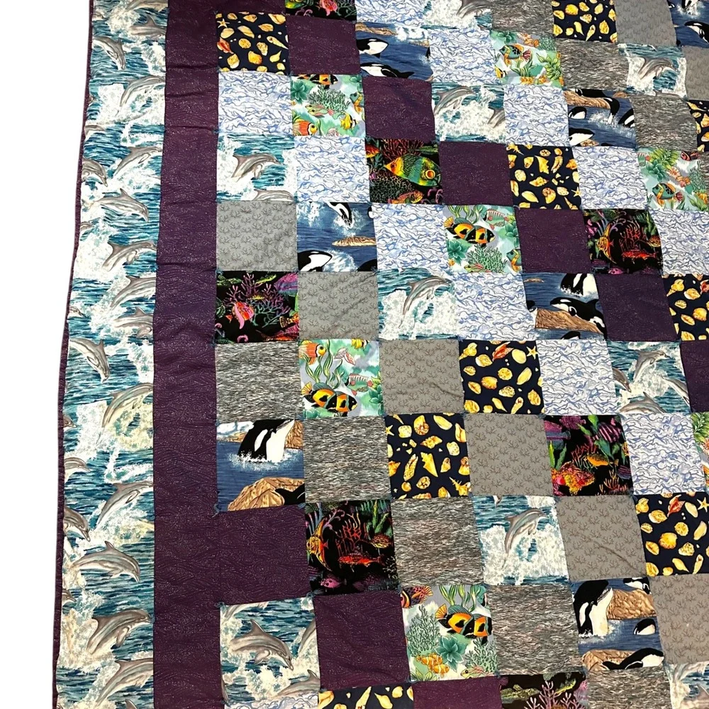 VTG Handmade Dolphin‎ Quilt 90s Y2K Ocean Orca Patchwork Nostalgic Twin Throw